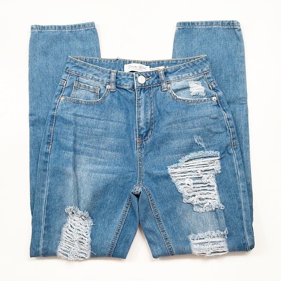 Denim Blvd medium wash high rise distressed denim jeans - Picture 1 of 8